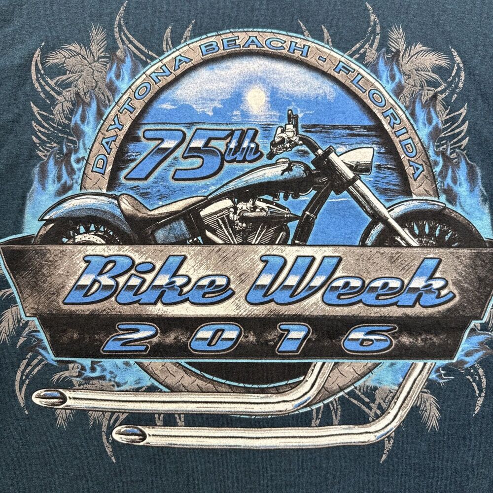 Vintage Biker T-Shirt DAYTONA BEACH BIKE WEEK 2016 Blue 75th Anniversary
